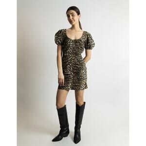 GANNI Printed Cotton Gathered Ruched Mini Dress‎ Big Leopard Almond Milk Size 36
